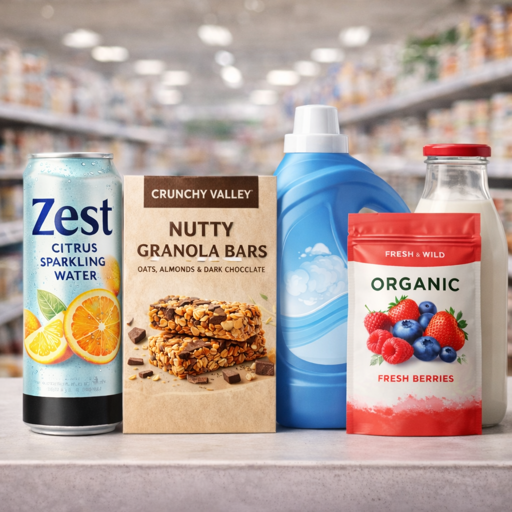 assorted branded packaging products in grocery store